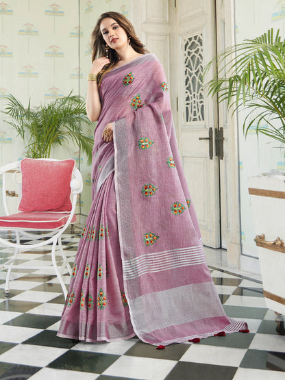 Anaita Lavender Linen Embroidery Saree With Blouse