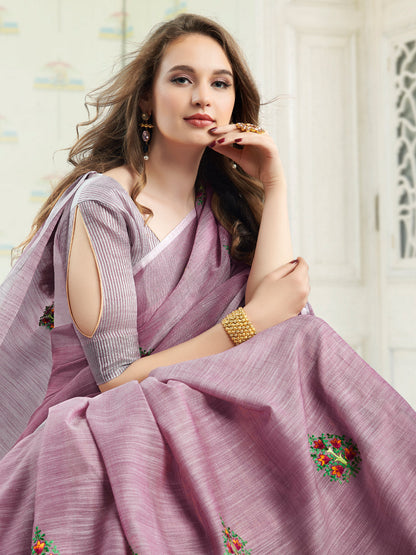 Anaita Lavender Linen Embroidery Saree With Blouse