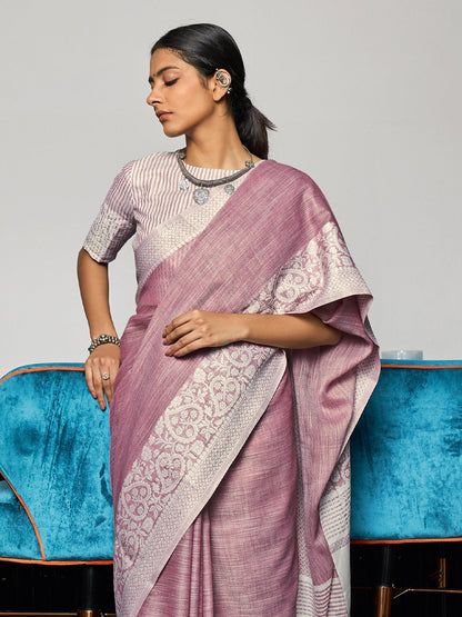 Anaita Lavender Linen Zari Work Saree With Blouse