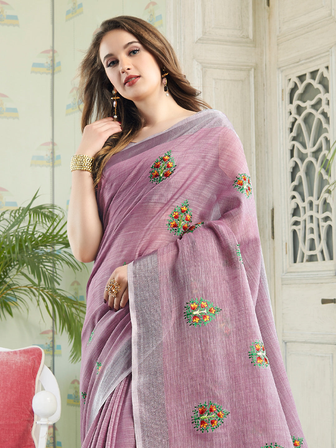 Anaita Lavender Linen Embroidery Saree With Blouse
