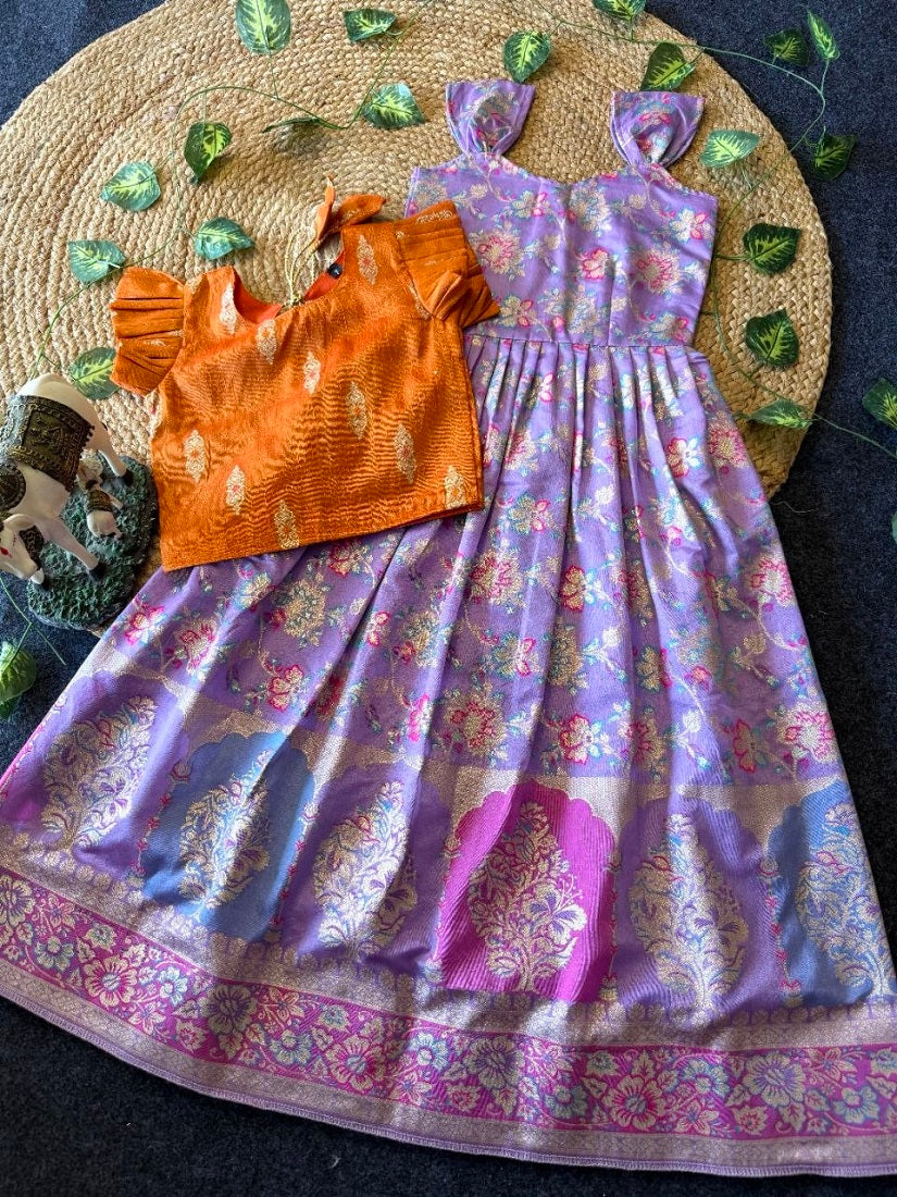 Evanik Festive Wear Lavender Dola Silk zari and thread weaving Gown With Orange Koti