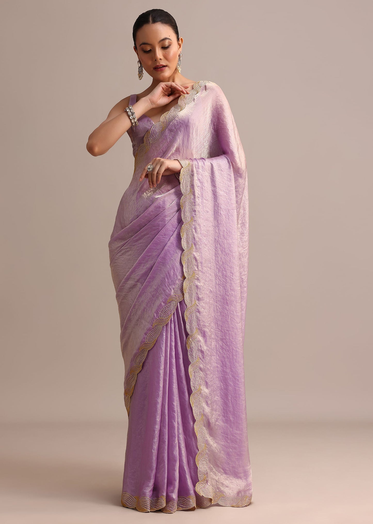 Lavender Soft Tissue Saree With Zari Embroidered Border