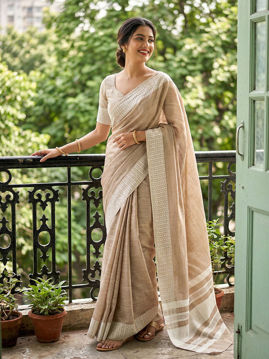 Anaita L Brown Linen Zari Work Saree With Blouse