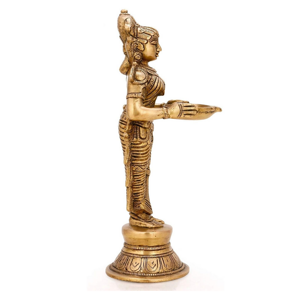 CraftVatika Brass Beautiful Lady Holding Diya Oil Lamp Stand Showpiece