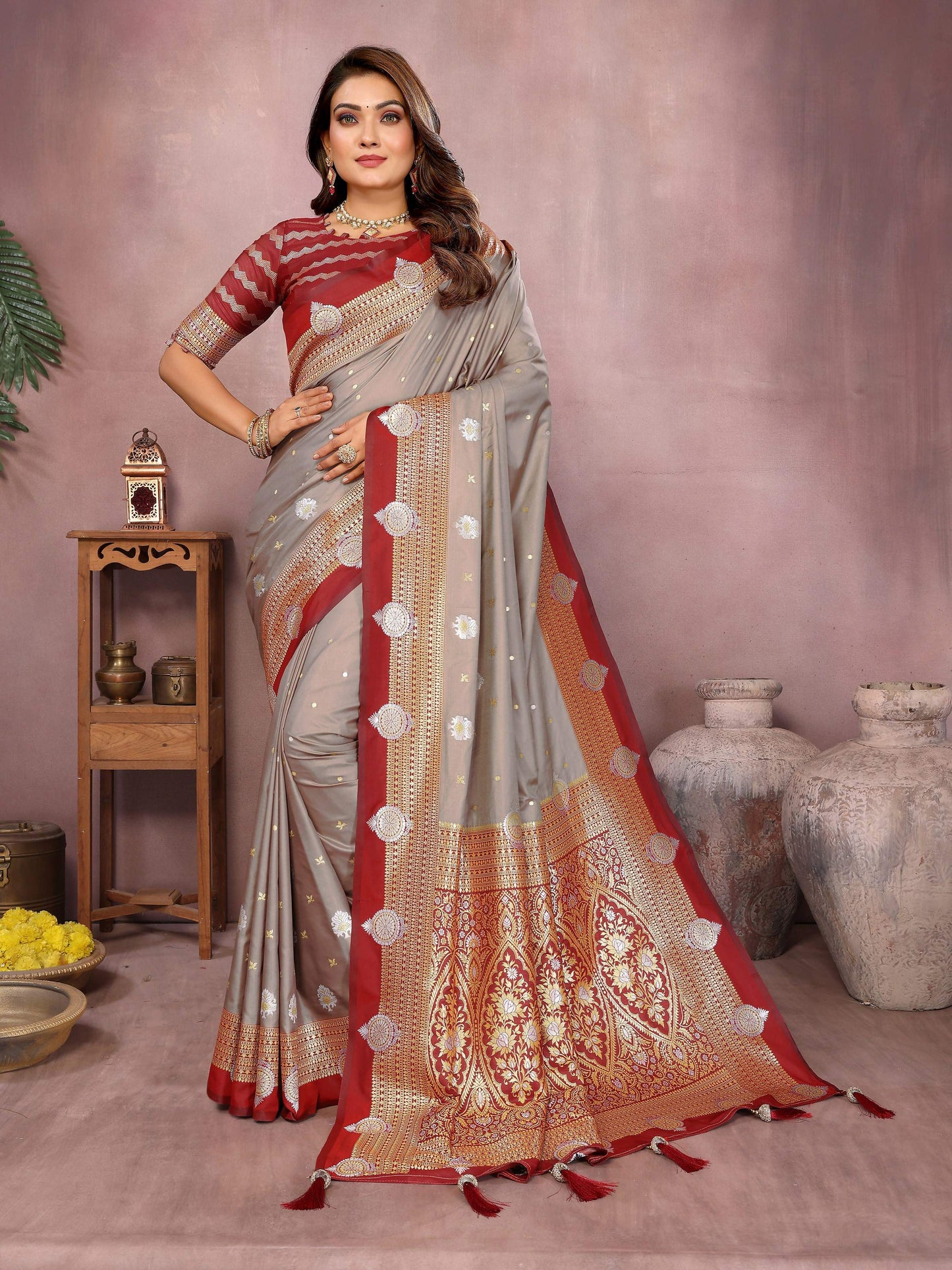 Aastha Fashion Grey Silk Sarees Weaving Saree