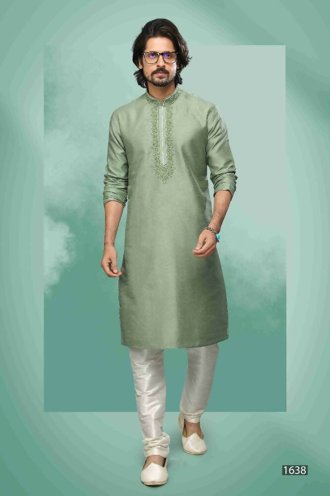 Raivat Ethnic Art Silk Mirror Embroidery Work Kurta Pajama In Light Green Colour