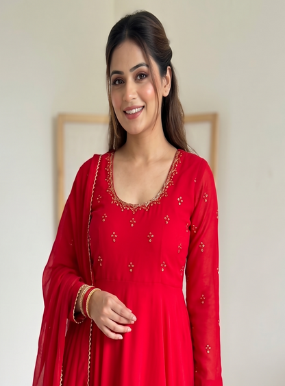 Teeya Creation New Trendy Party Wear Look Gerorrget Gown With Pant Dupatta Set - Red
