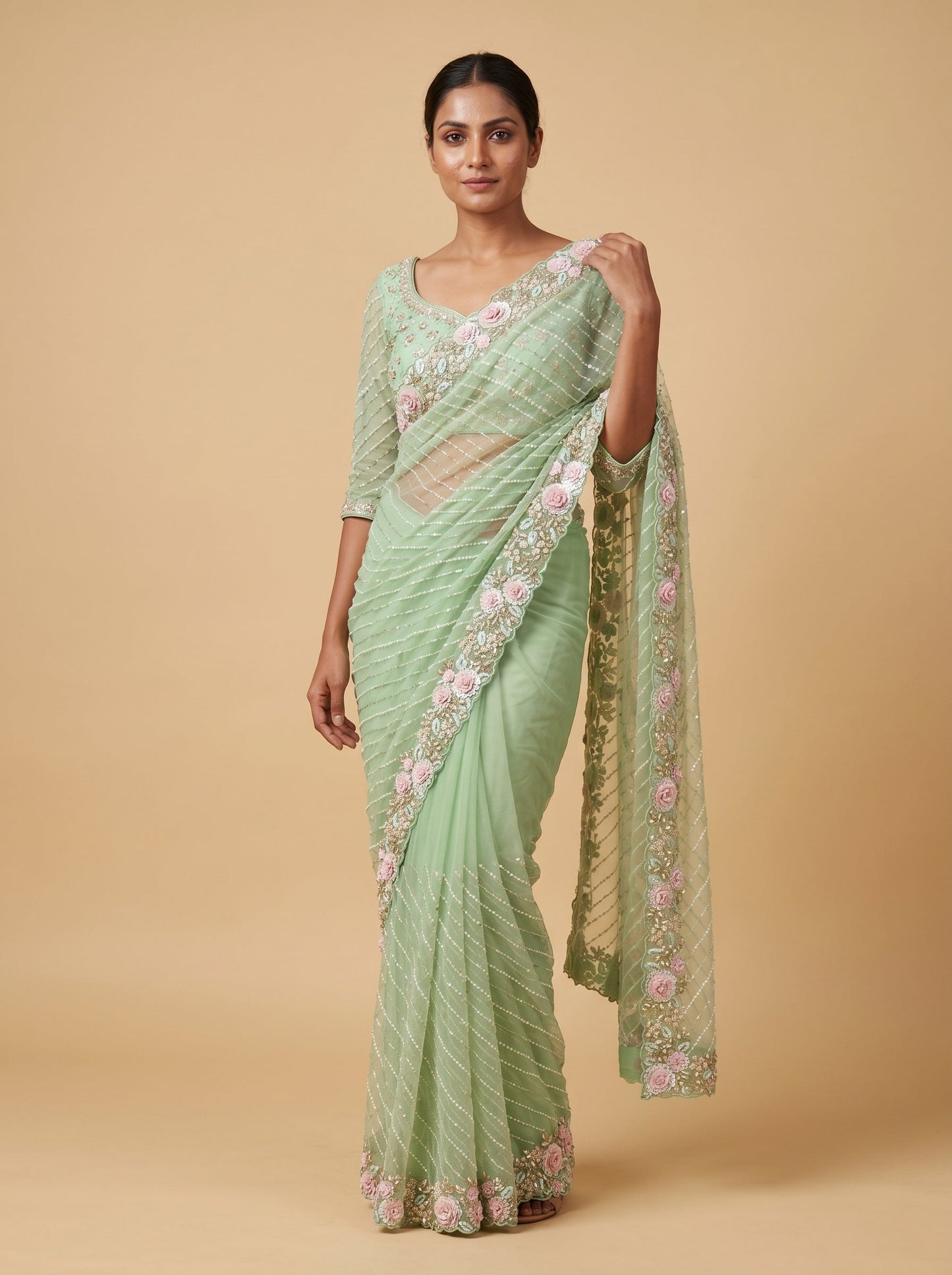 Light Green Spring Veil Embroidered Saree