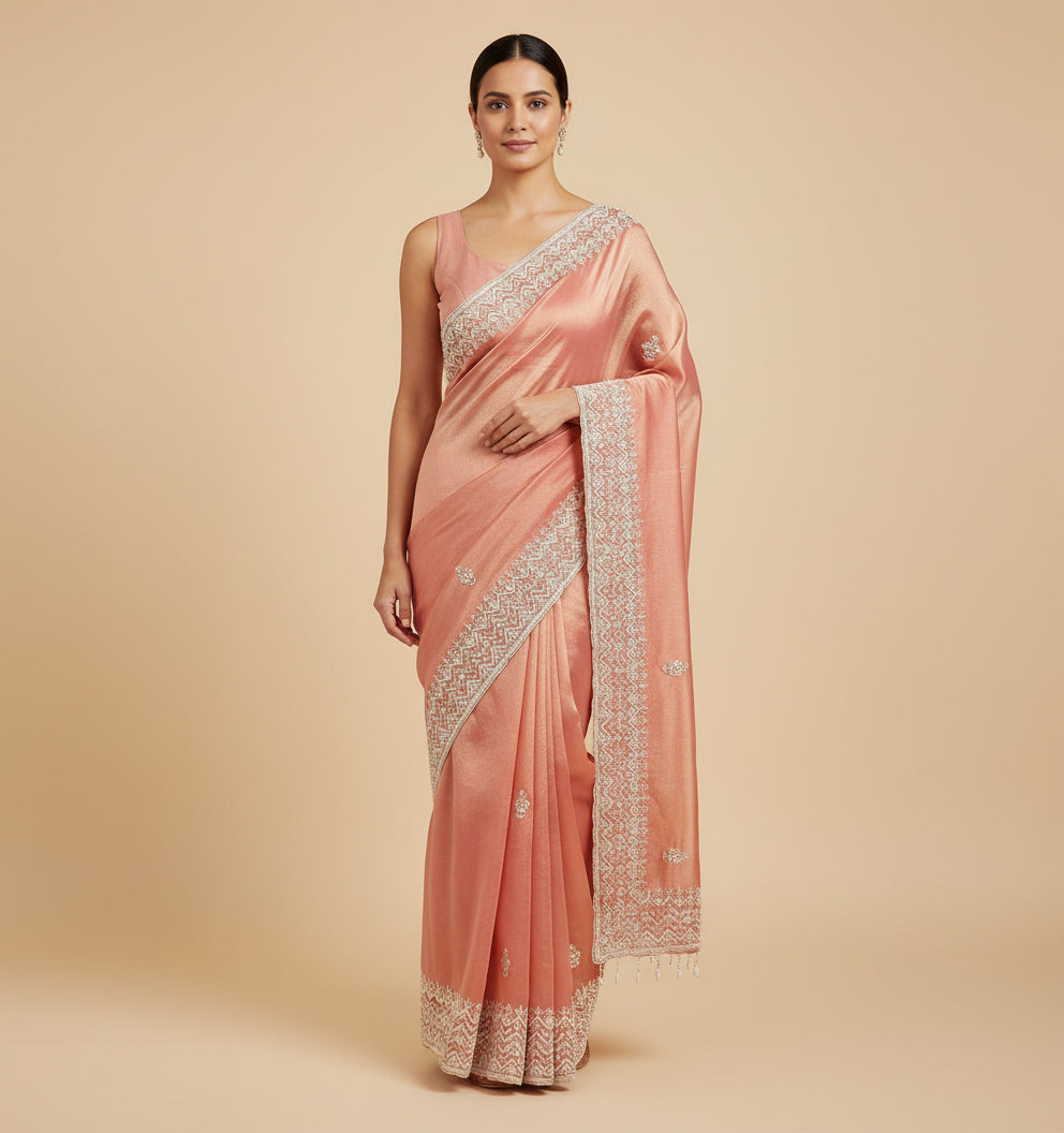 Light Orange Cheerful Embroidered Saree