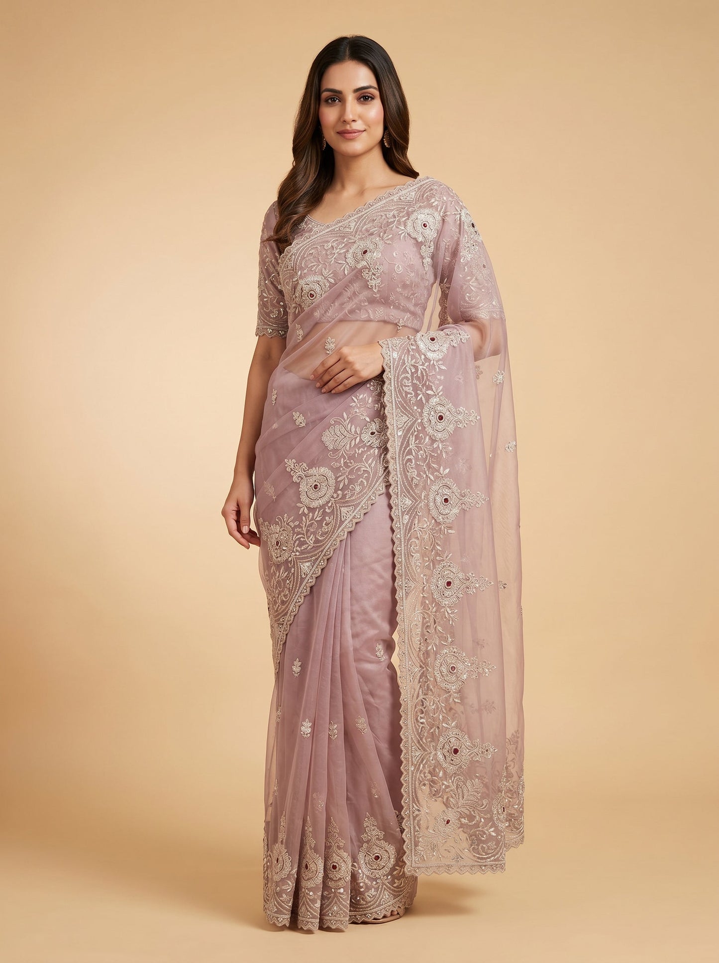 Light Peach Embroidered Saree
