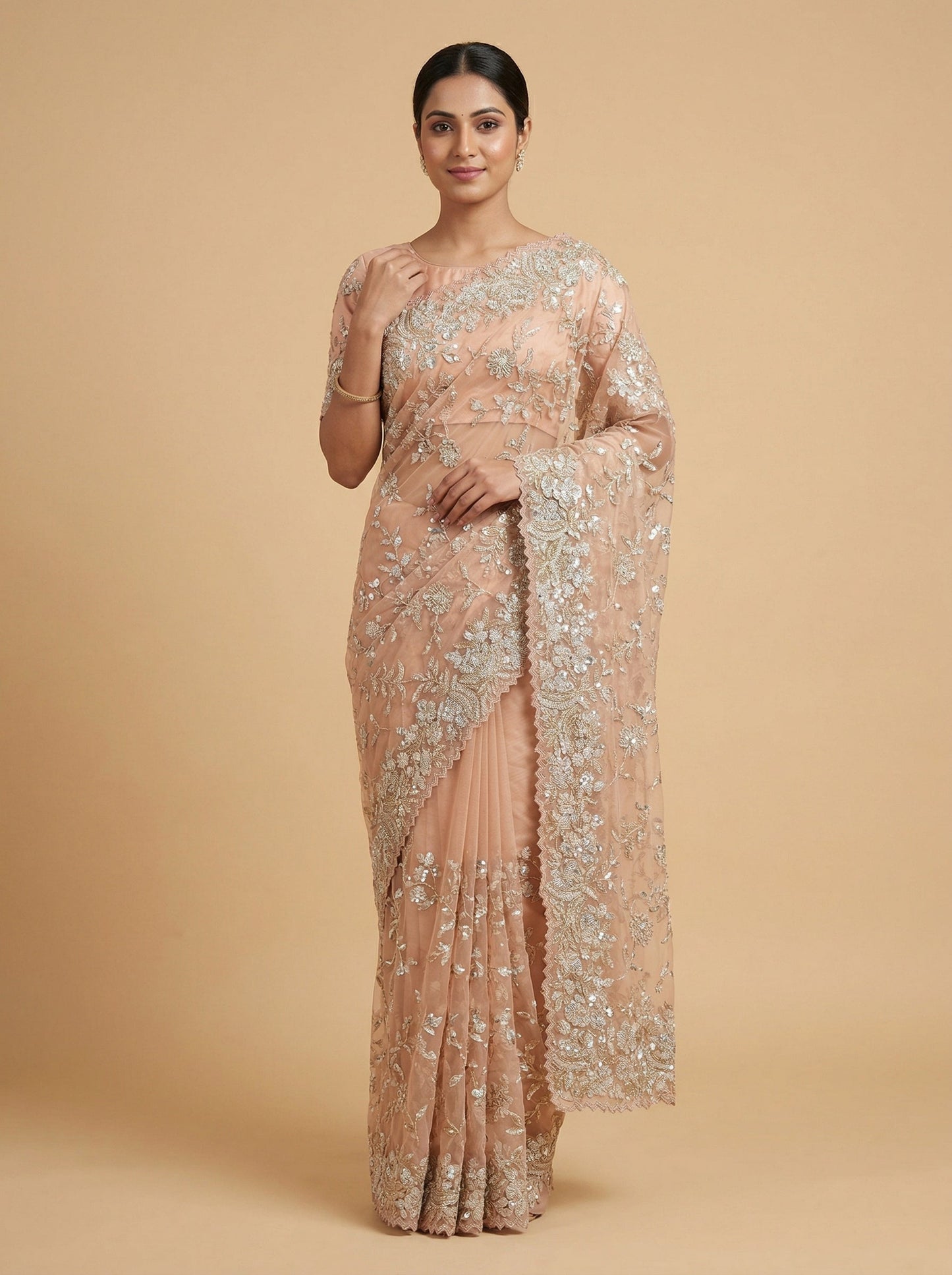 Light Pink Feathered Embroidered Saree