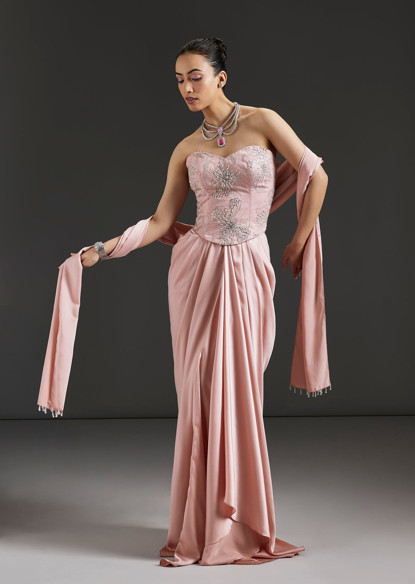 Light Pink Satin Blend Drape Skirt Set With Embroidered Corset And Stole Dupatta