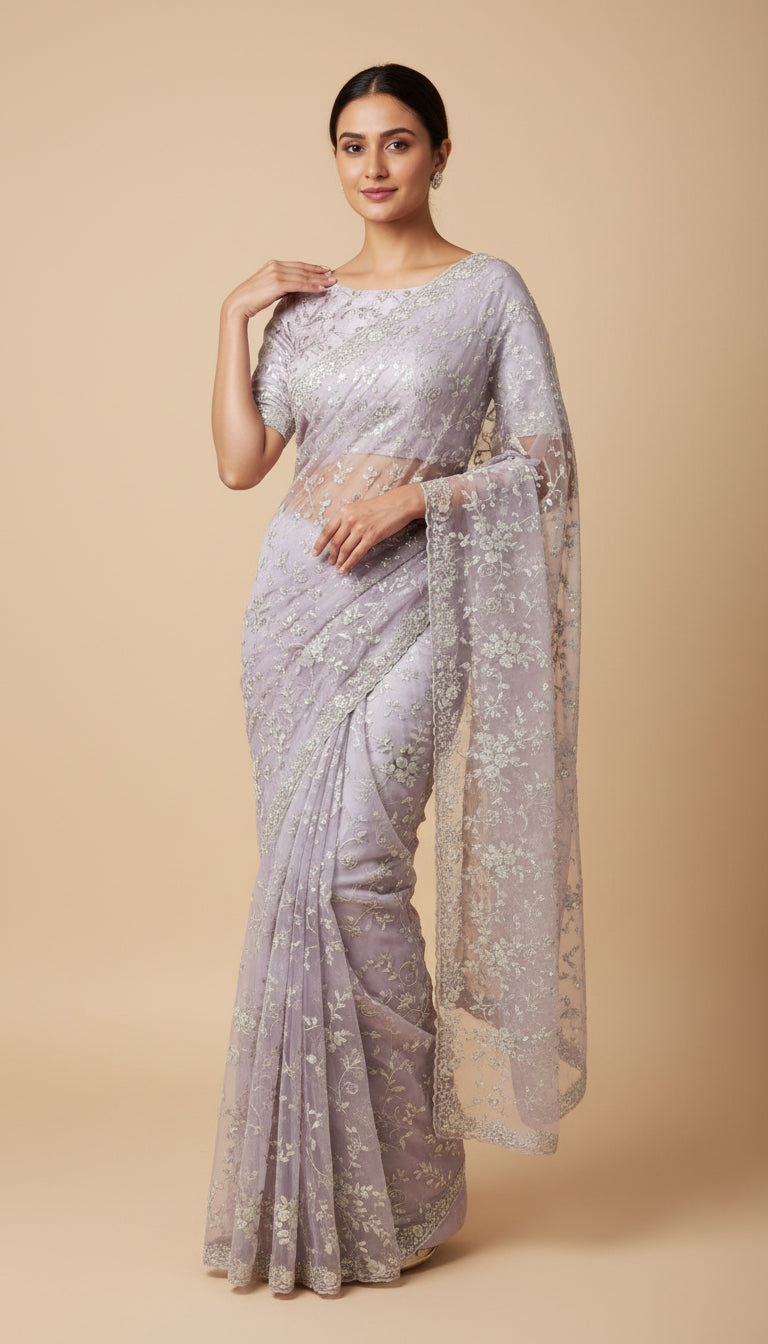 Light Purple Smooth Embroidered Saree
