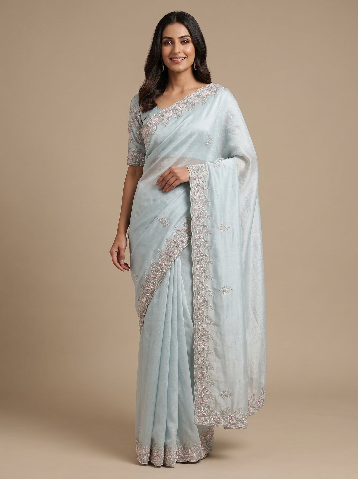 Light Sea Blue Breeze Embroidered Saree