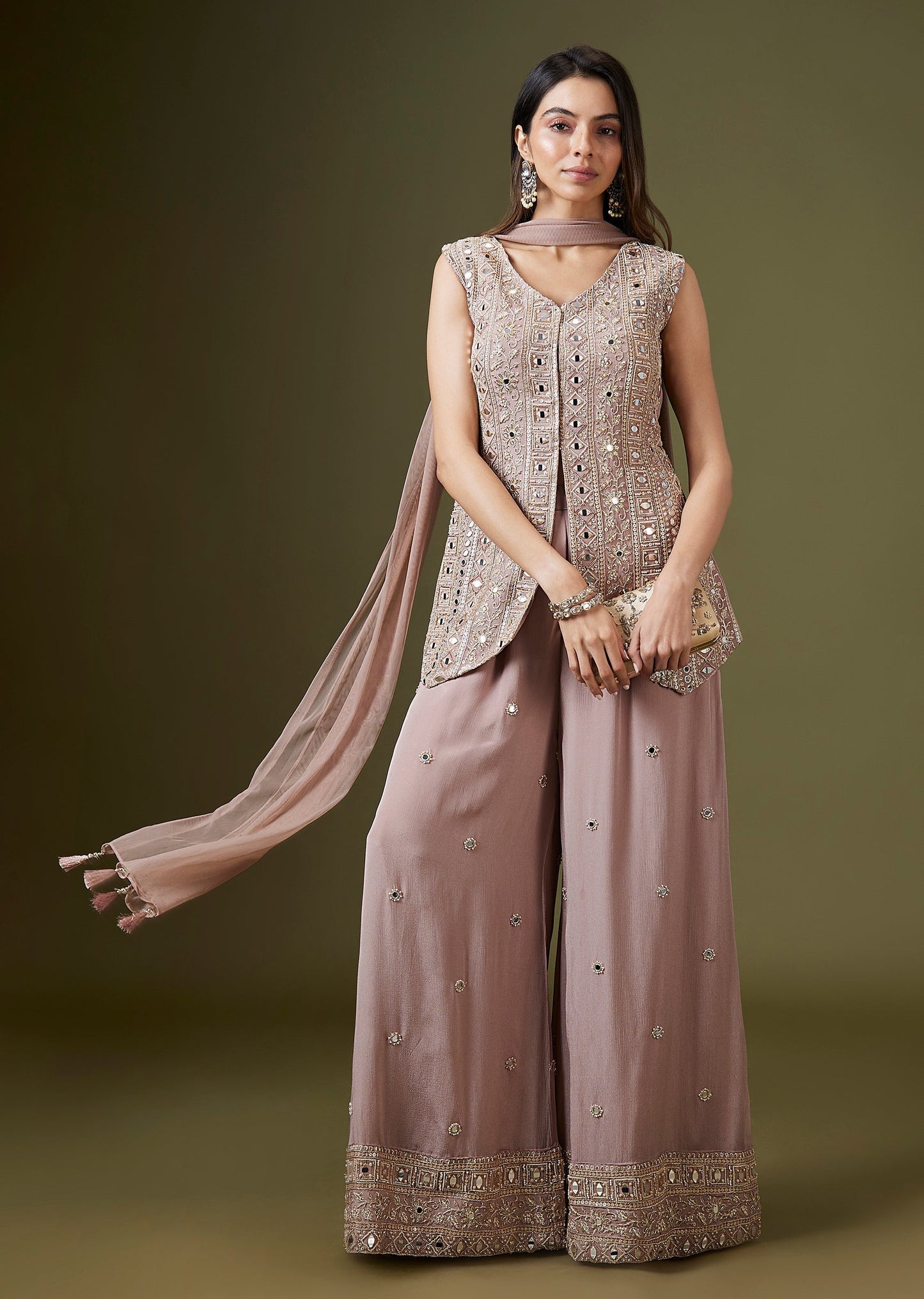 Onion Pink Front Slit Palazzo Set With Mirror Cut Dana Work