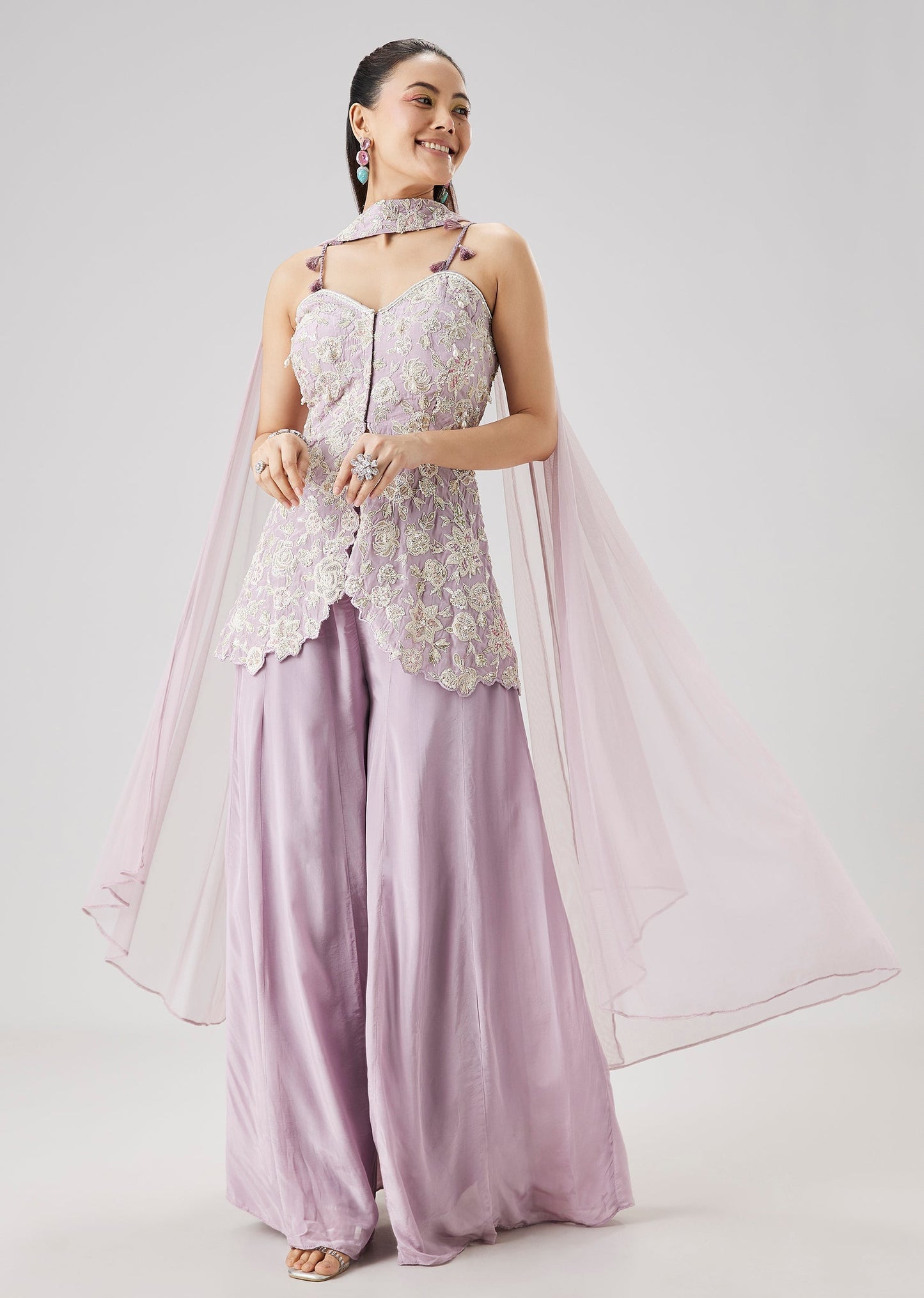 Lilac Embroidered Peplum Palazzo Set With Dupatta