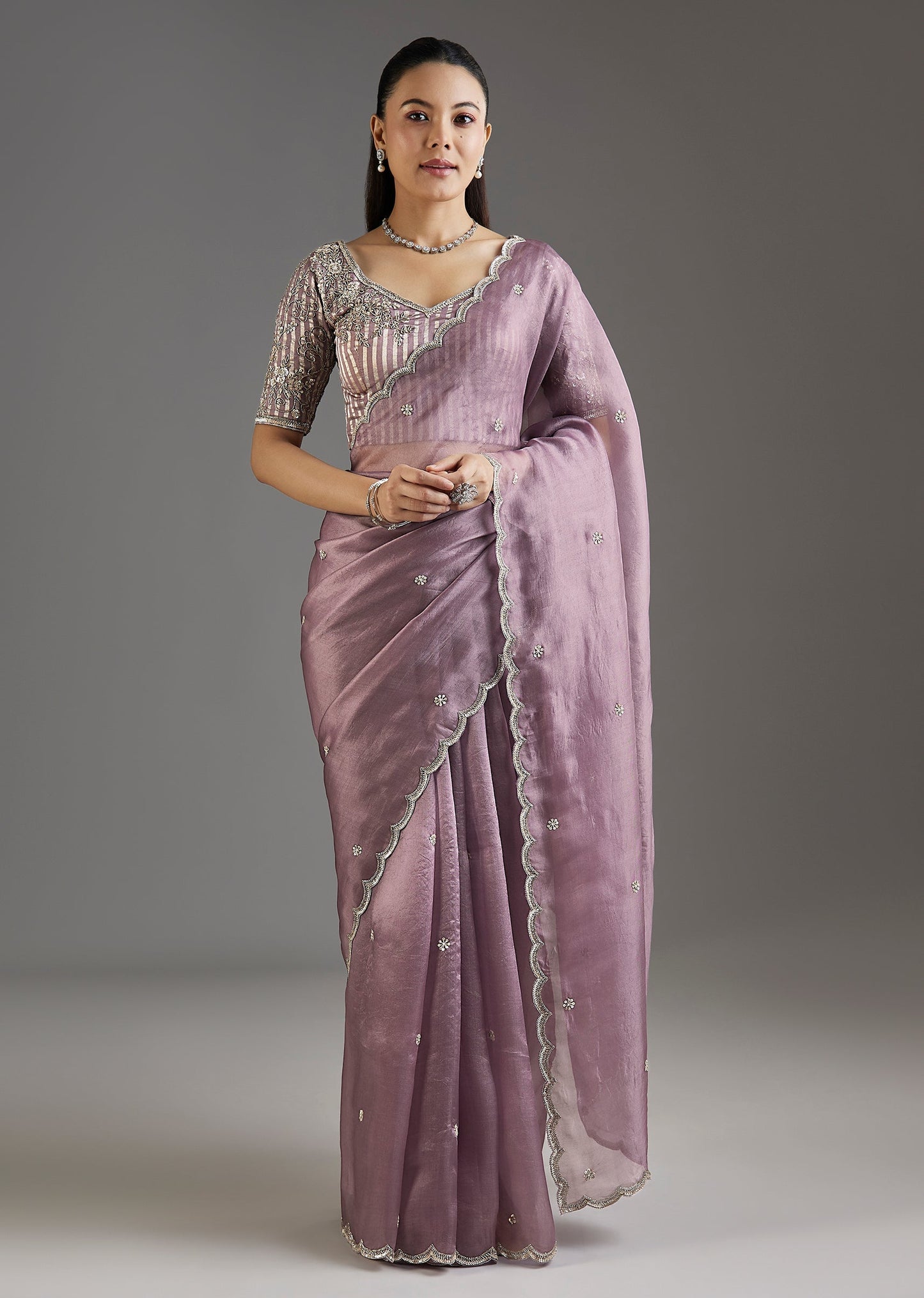 Lilac Organza Saree With Embellished Scallop Border