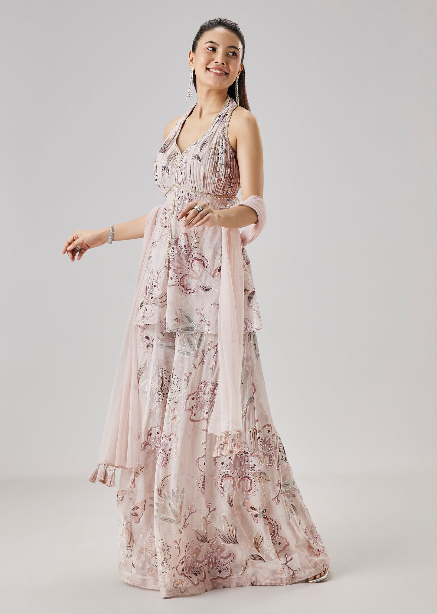 Lilac Printed Peplum Palazzo Set With Dupatta