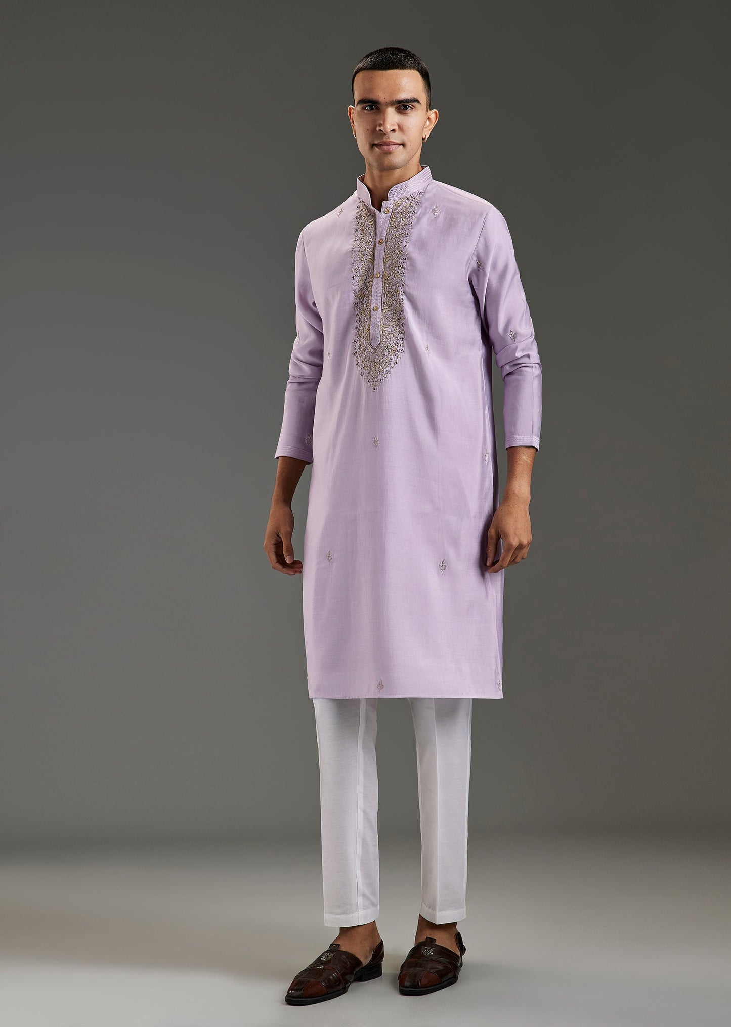 Lilac Silk Kurta Set With Zardosi Butti Embroidered Yoke