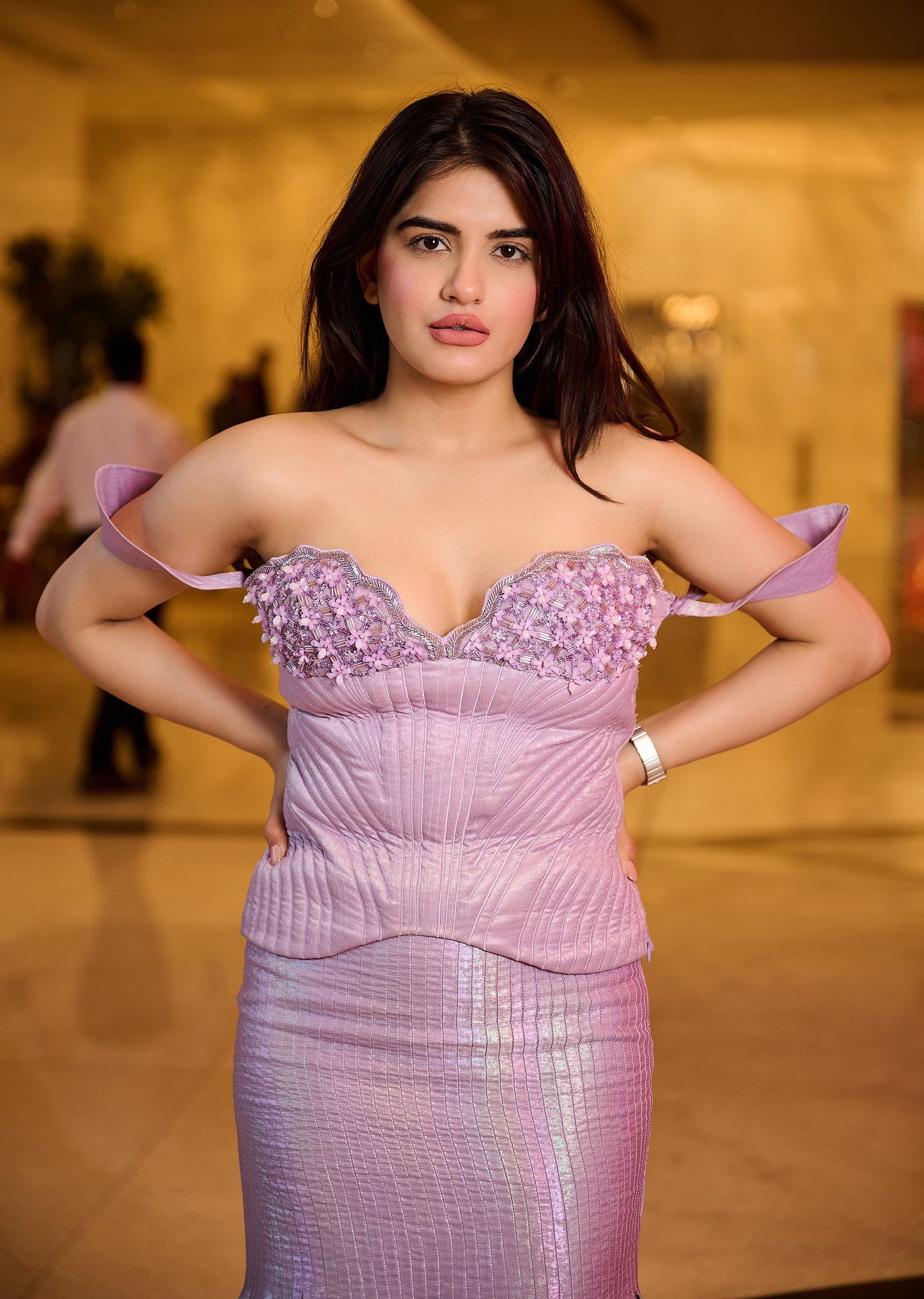 Lilac Hand Embroidered Organza Blouse And Skirt