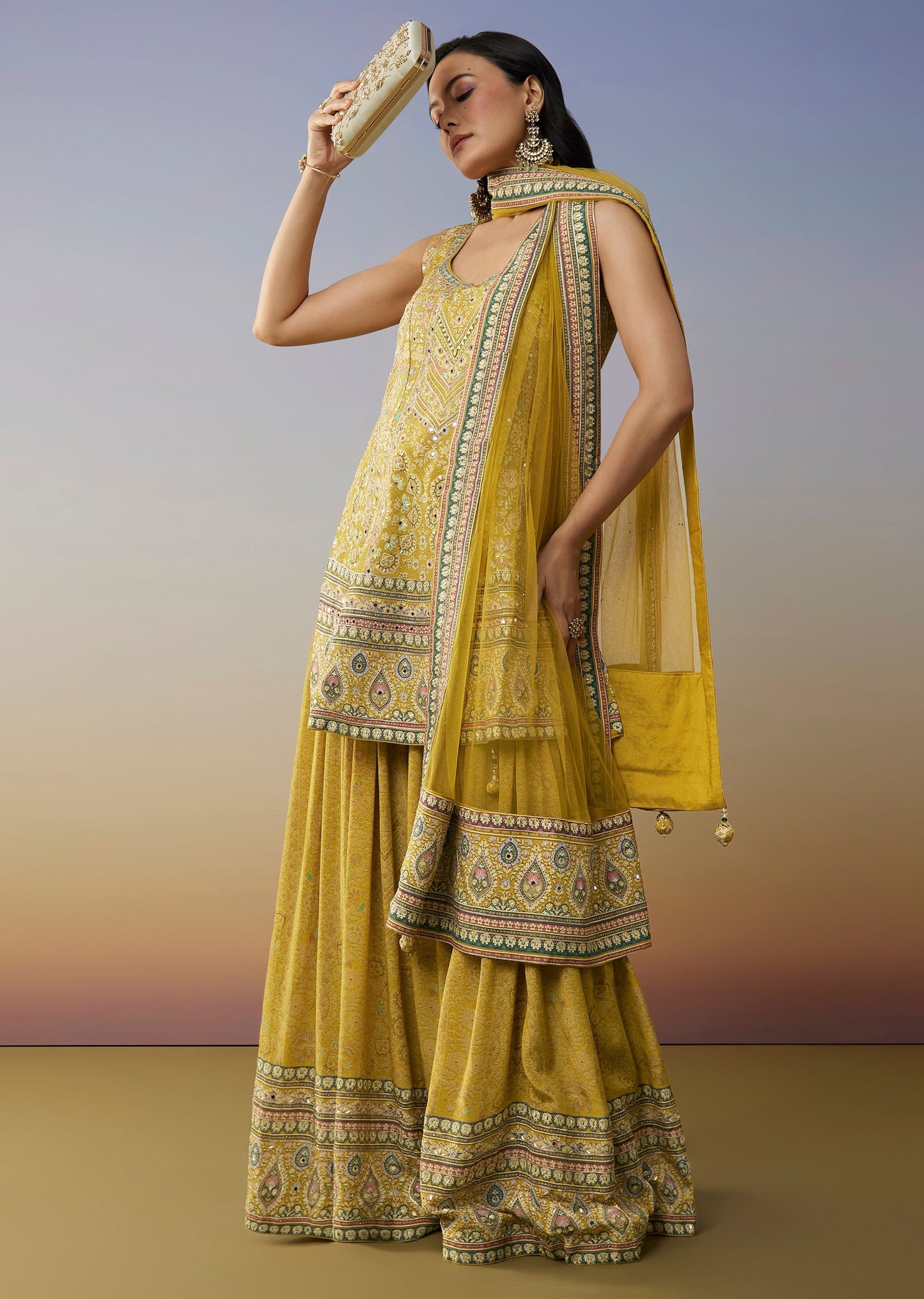 Lime Green Crepe Palazzo Suits with Indie Print Mirror Stone Gotta Lace Work