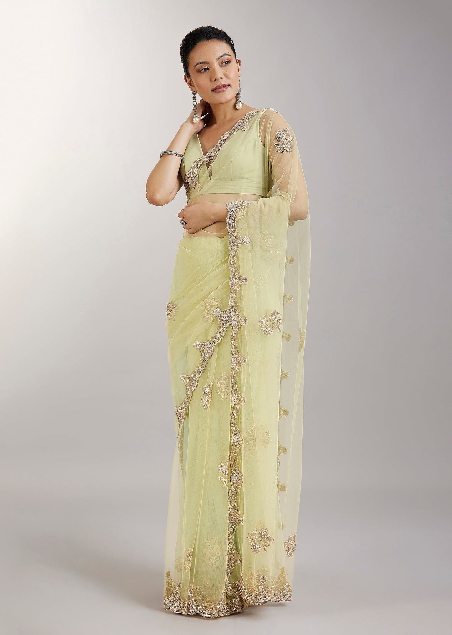 Lime Green Embellished Net Saree