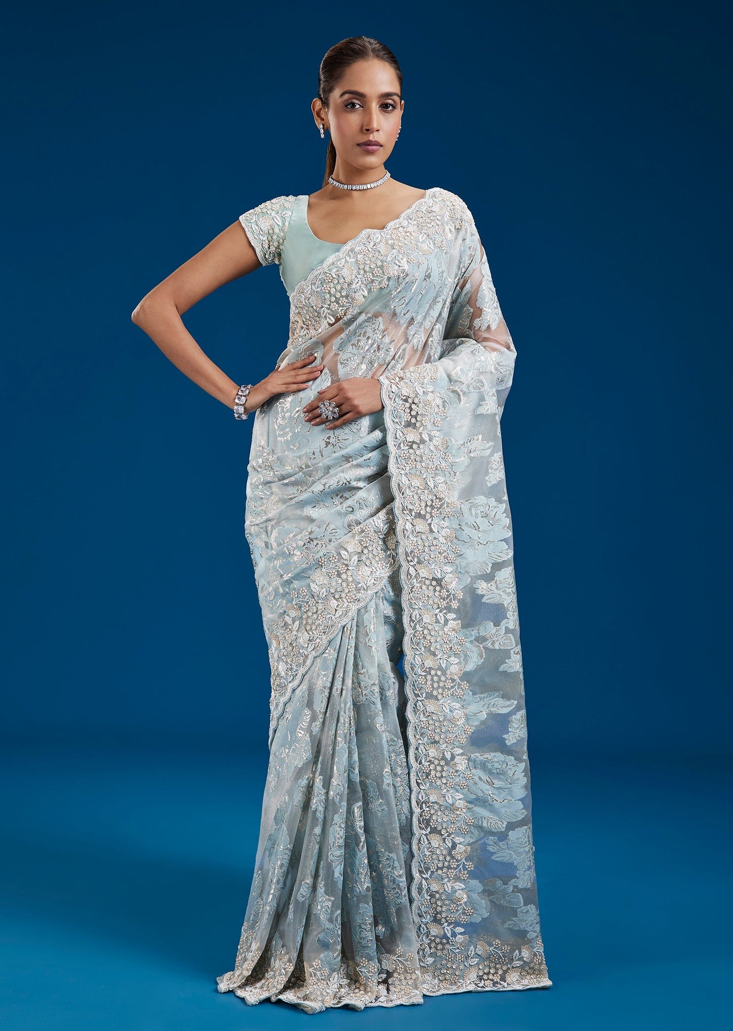 Lime Green Organza Saree With Floral Cutdana