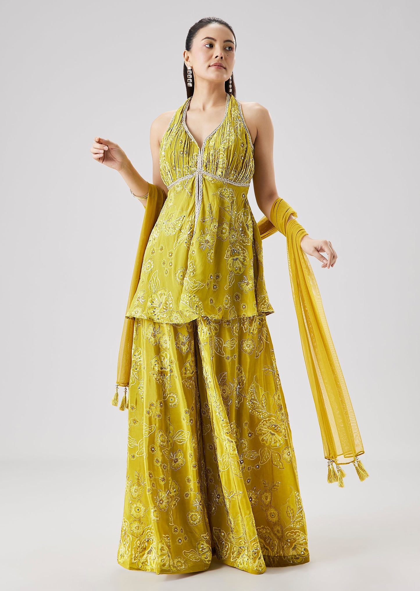 Lime Green Printed Peplum Palazzo Set With Dupatta