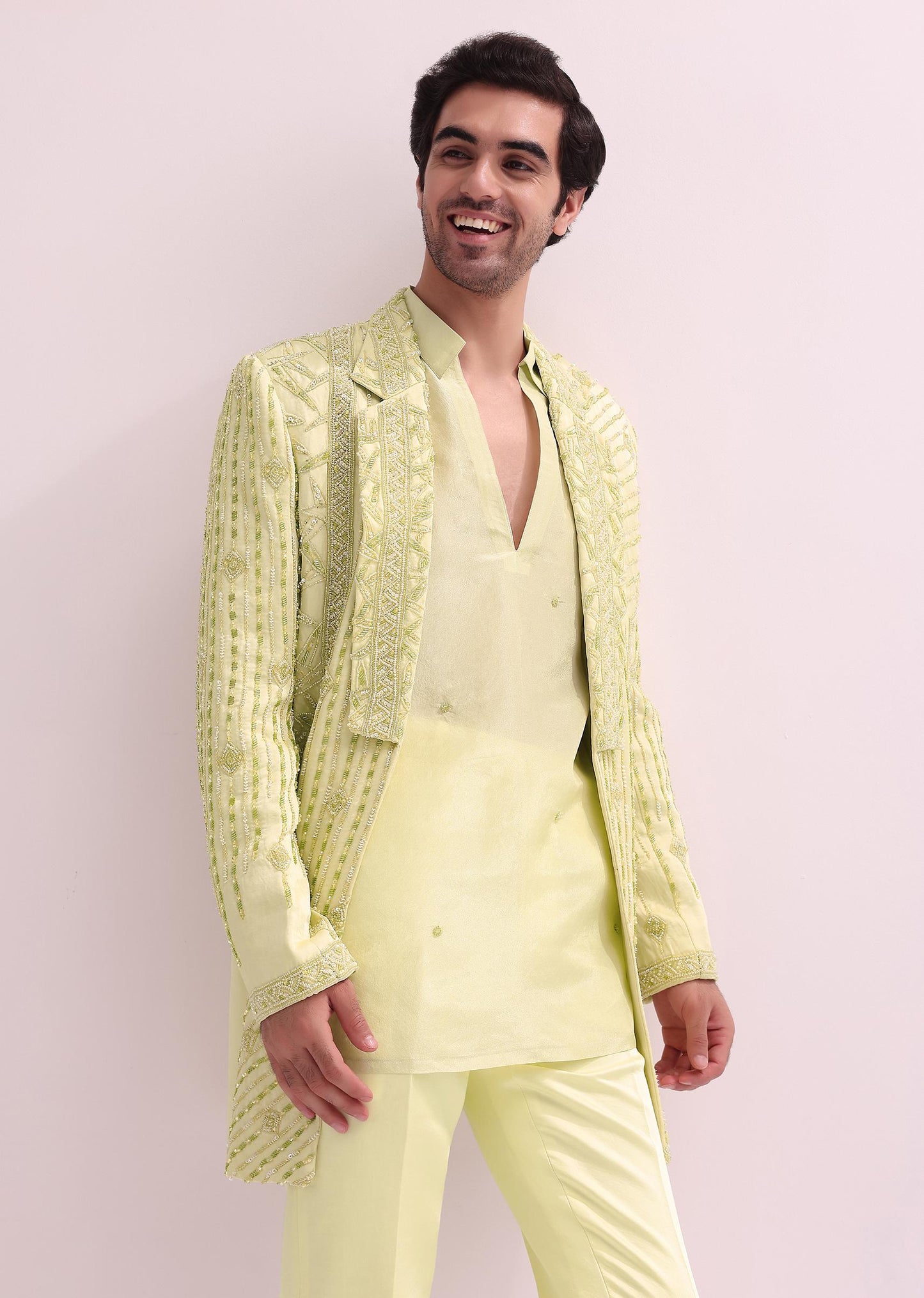 Lime Lapel Tuxedo With Butti Work Kurta And Pants
