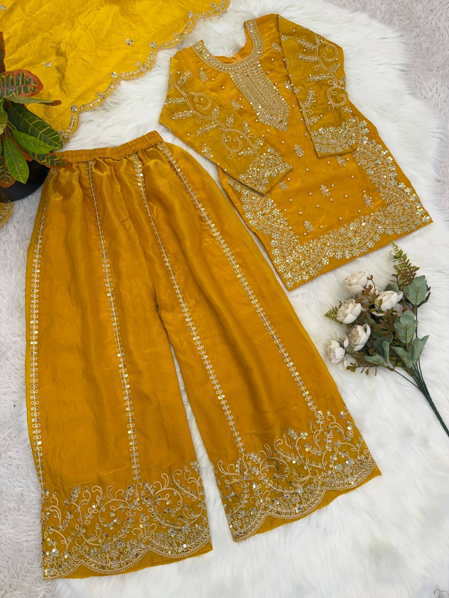 Teeya Creation New Trendy Fully Stitched Ready to Wear Kids Kurta Palazzo Set-Yellow
