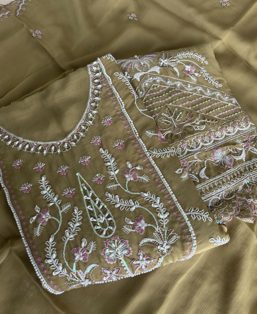 KC Beautiful Mustard Chiffon Silk Hand Embroidery Suit For Women