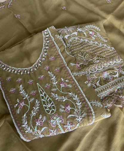 KC Beautiful Mustard Chiffon Silk Hand Embroidery Suit For Women