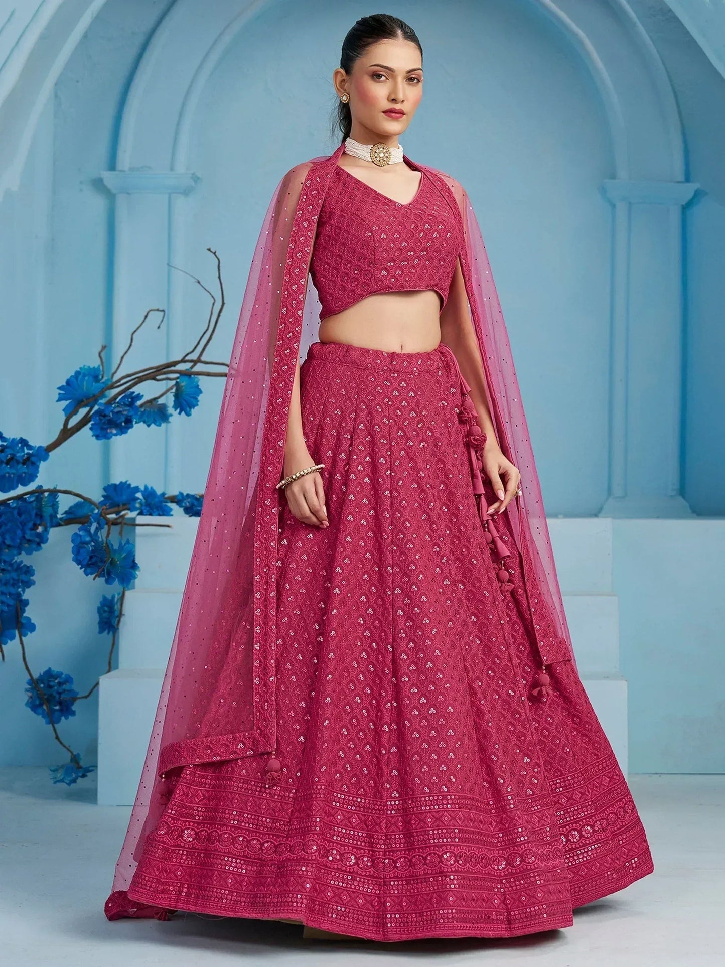 Tulsi Art Lovely Pink Sequins Work Georgette Engagement Wear Lehenga With Blouse
