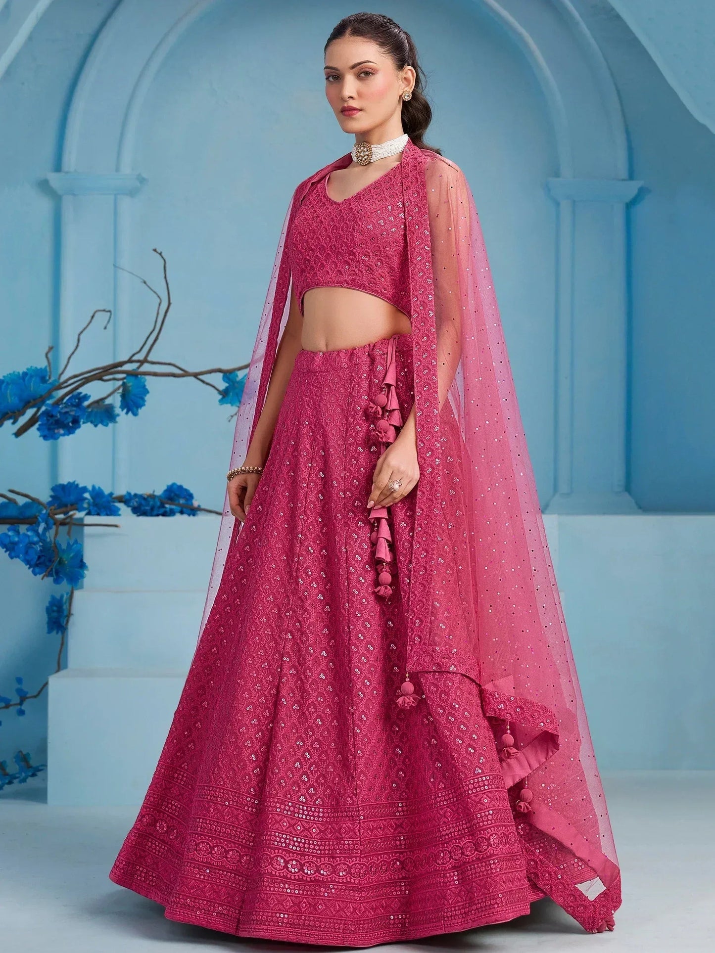 Tulsi Art Lovely Pink Sequins Work Georgette Engagement Wear Lehenga With Blouse