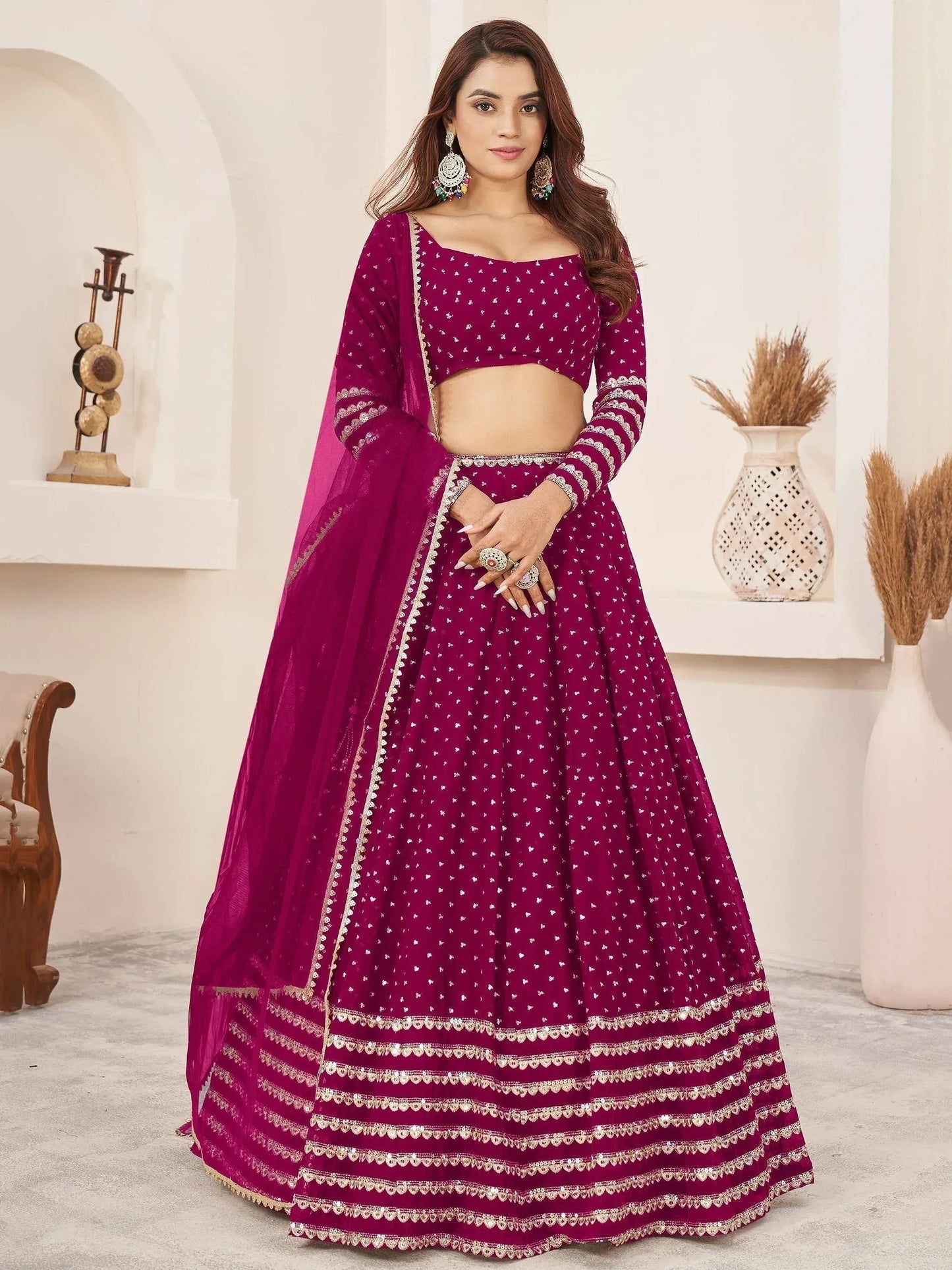 Tulsi Art Lovely Rani Pink Color Sequins Georgette Function Wear Lehenga Choli