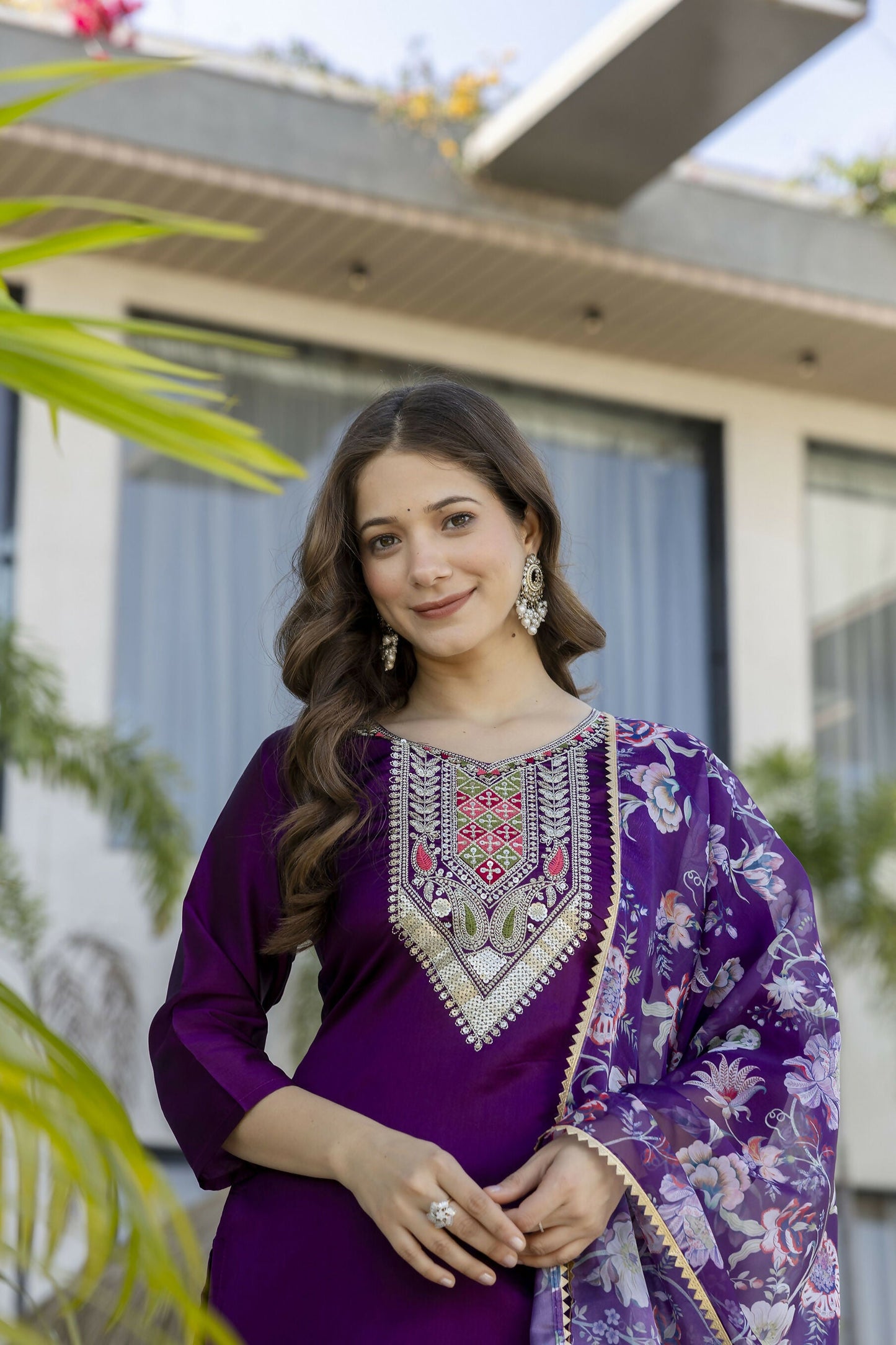 The52 Women's Gorgeous Embroidery Work Chanderi Cotton Fabric Straight Kurta Pant and Dupatta Set-Purple