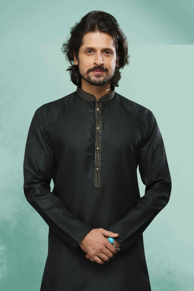 Raivat Ethnic Cotton Pintux Work Kurta Pajama In Black Colour