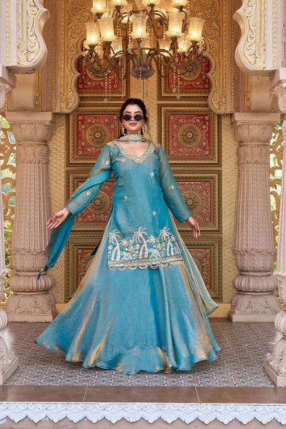 Teeya Creation Womens New Stylish Moti Beads With Cording Sequence Thread Embroidery Work Aqua-Blue Kurta Set