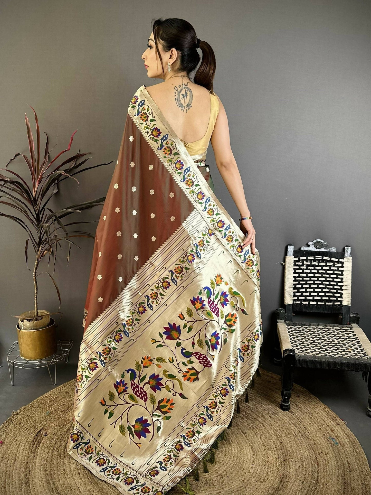 Prime Volt Premium Soft Silk Mayur Paithani Saree with Peacock Meena Weaving & Rich Pallu-Brown