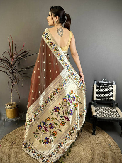 Prime Volt Premium Soft Silk Mayur Paithani Saree with Peacock Meena Weaving & Rich Pallu-Brown