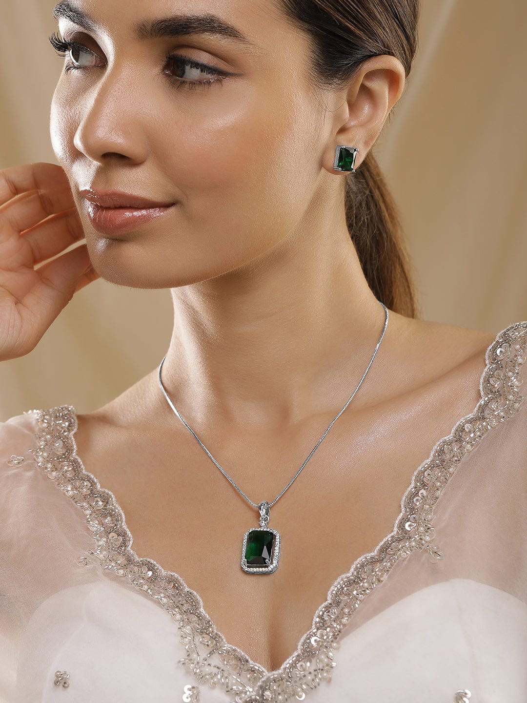 American Diamond Zirconia Emerald Pendant Necklace Set
