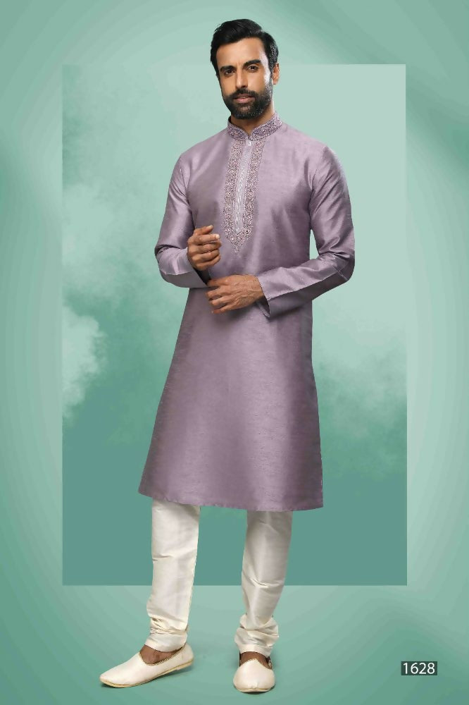 Raivat Ethnic Art Silk Mirror Embroidery Work Kurta Pajama In Lavender Colour