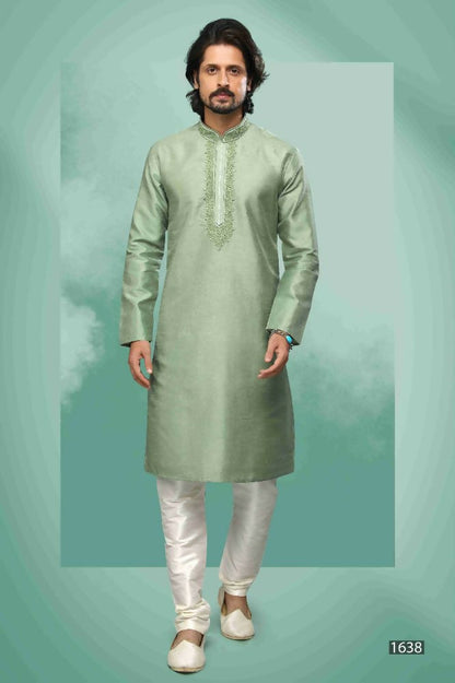 Raivat Ethnic Art Silk Mirror Embroidery Work Kurta Pajama In Light Green Colour