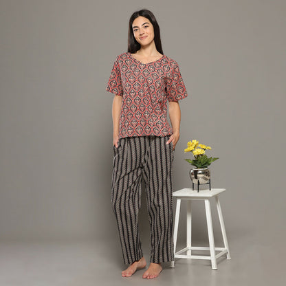 Breathables Women Cotton Printed Loungewear Kurta And Pants Co-Ord Set Red & Navy I Nightwear