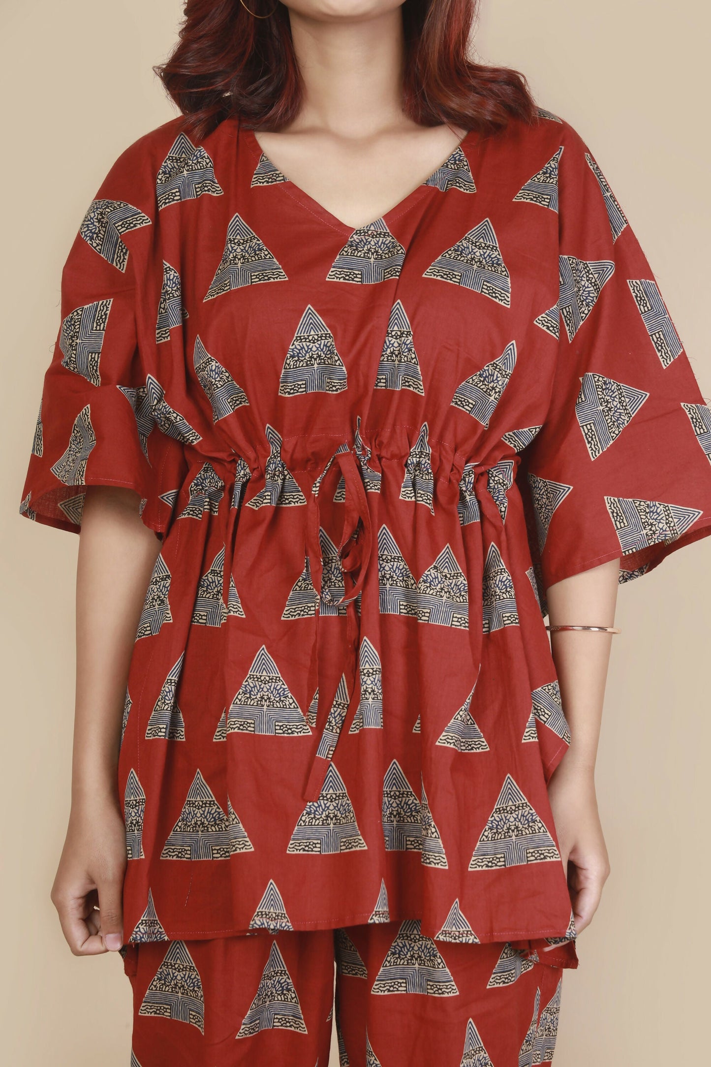 Breathables WomenS Loungewear Kaftan Cotton Red Geometric Print Co-Ord Set