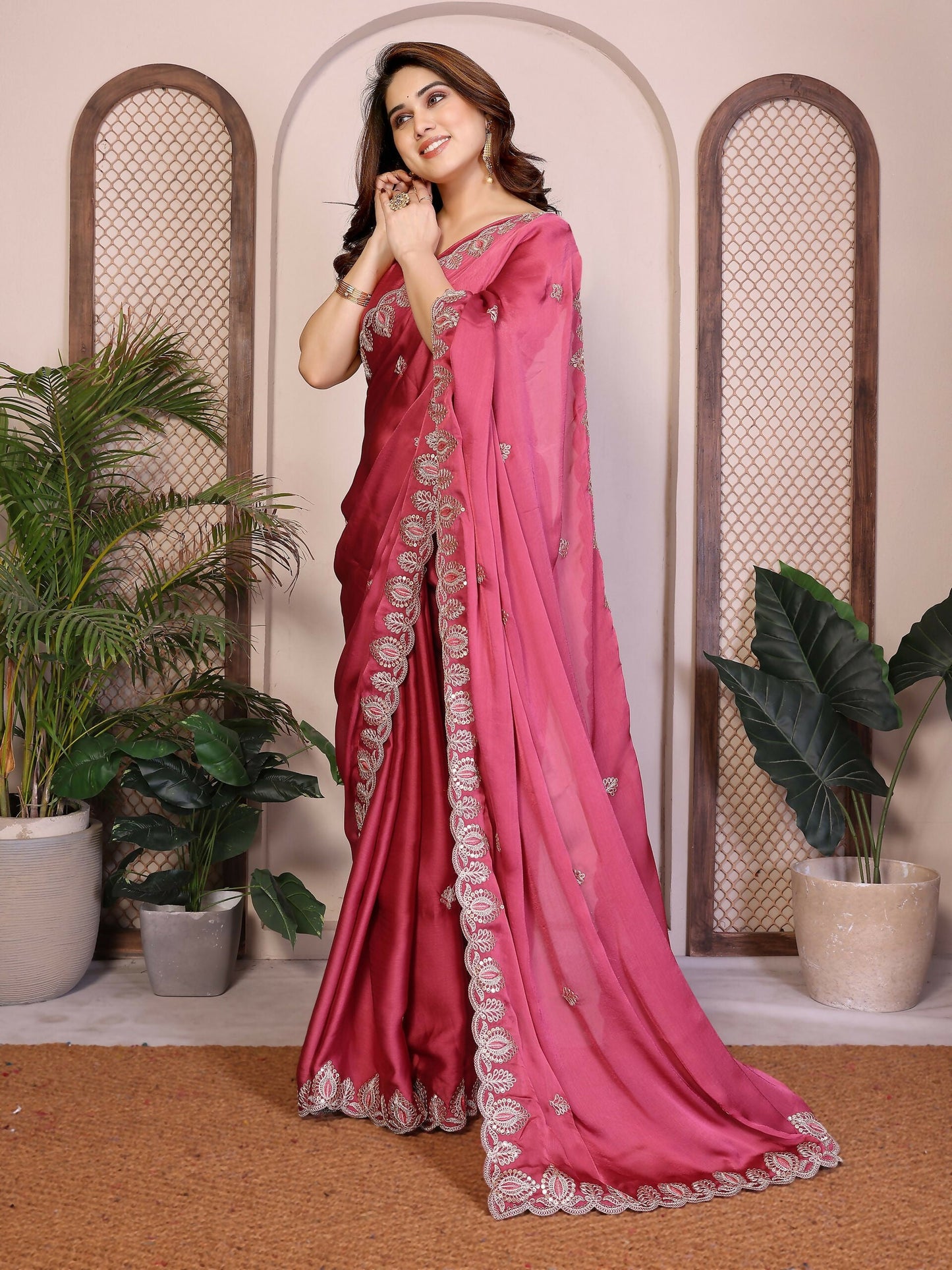 Teeya Creation New Trendy Party Wear Soft Satin Chiffon Saree-Peach