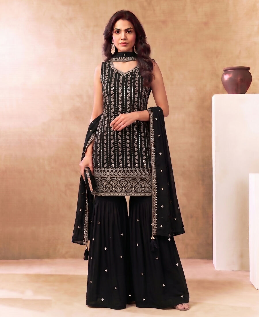 KC Latest Cocktail Wear Black Chinon Sharara Suit For Women