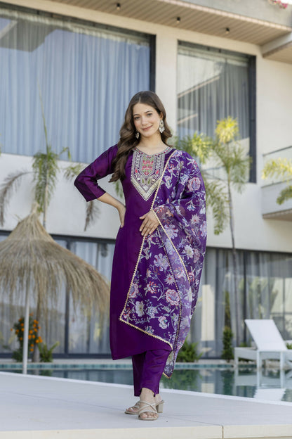 The52 Women's Gorgeous Embroidery Work Chanderi Cotton Fabric Straight Kurta Pant and Dupatta Set-Purple