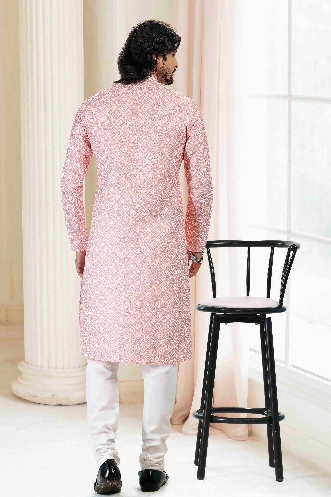 Raivat Ethnic Cotton Thread Work Kurta Pajama In Peach Colour