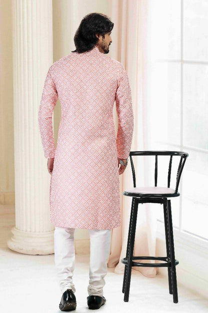 Raivat Ethnic Cotton Thread Work Kurta Pajama In Peach Colour